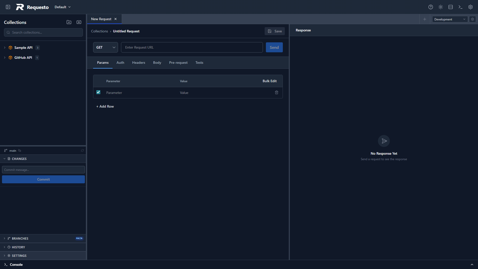 Git changes panel showing modified Requesto files
