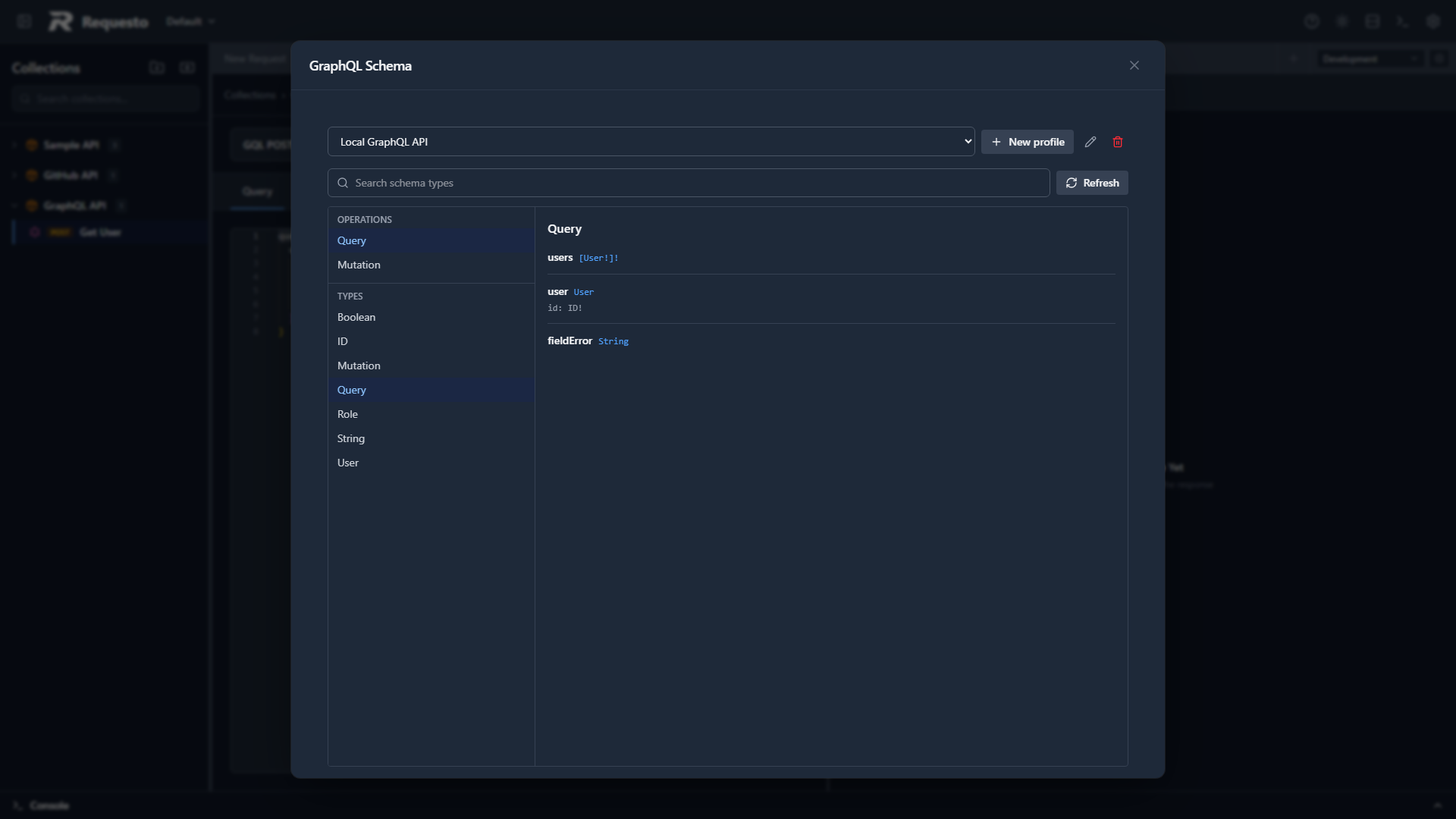 GraphQL schema explorer showing operations and object types