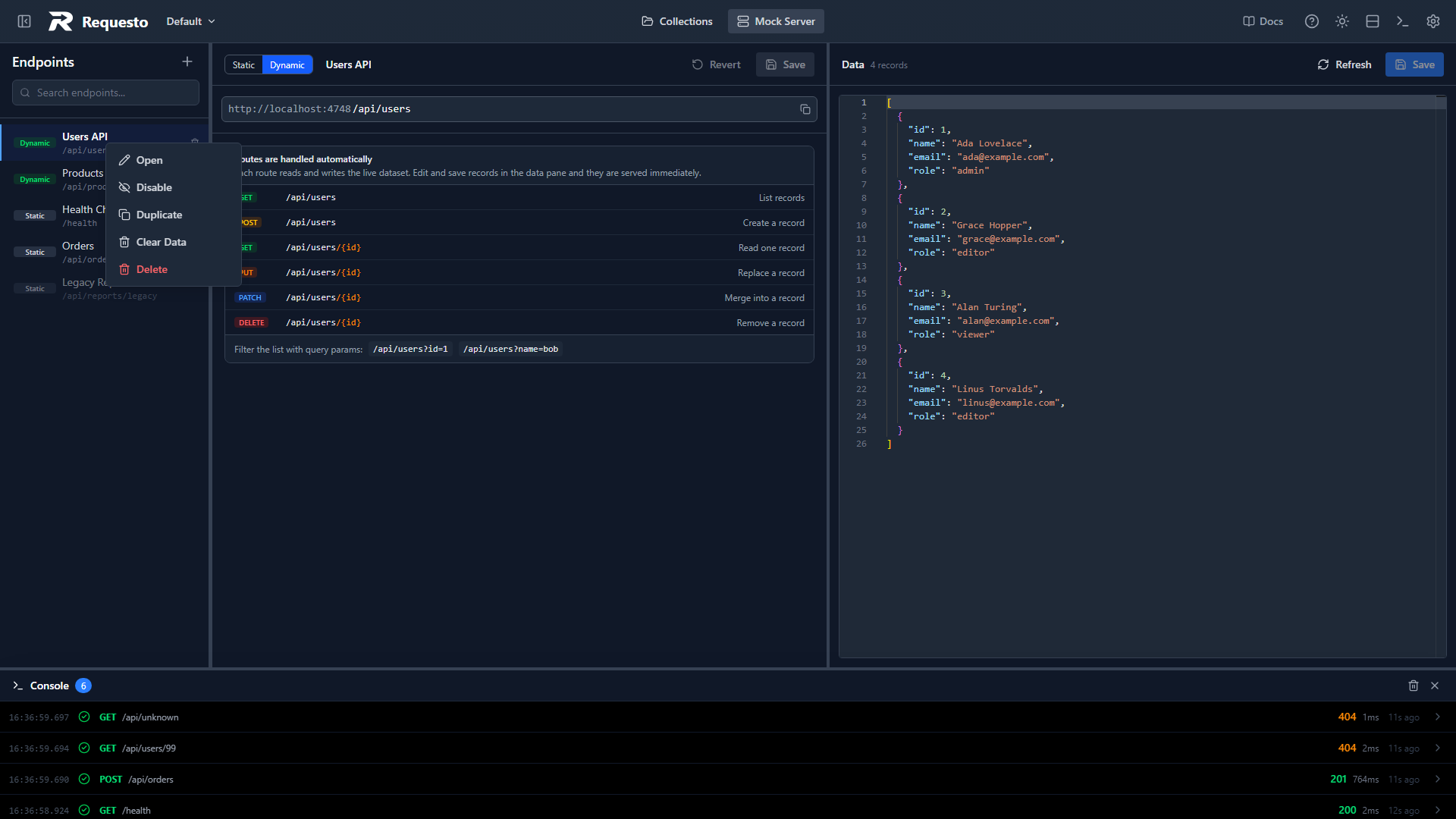 Endpoint context menu with Open, Disable, Duplicate, Clear Data, and Delete