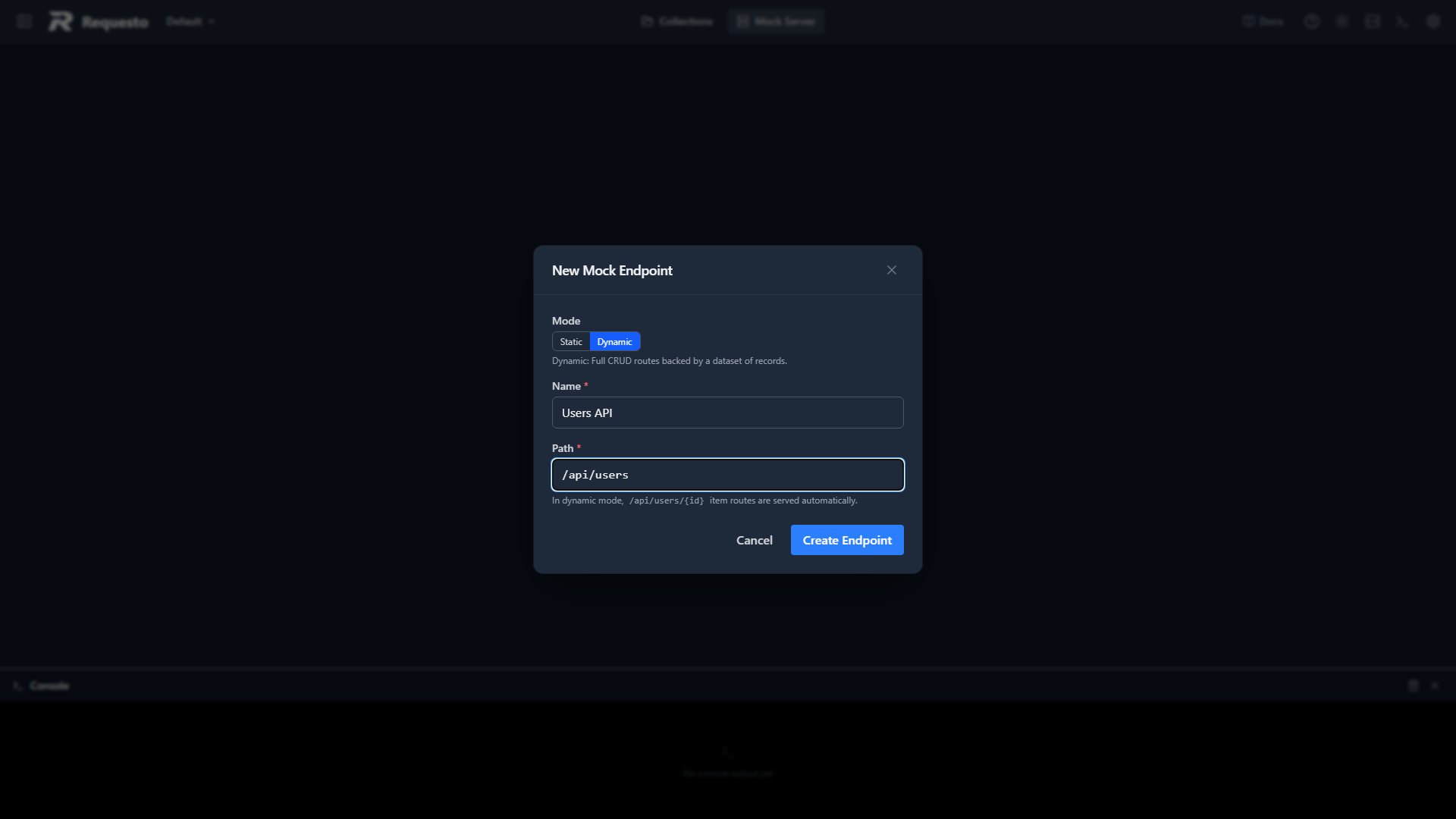 New Mock Endpoint dialog in dynamic mode