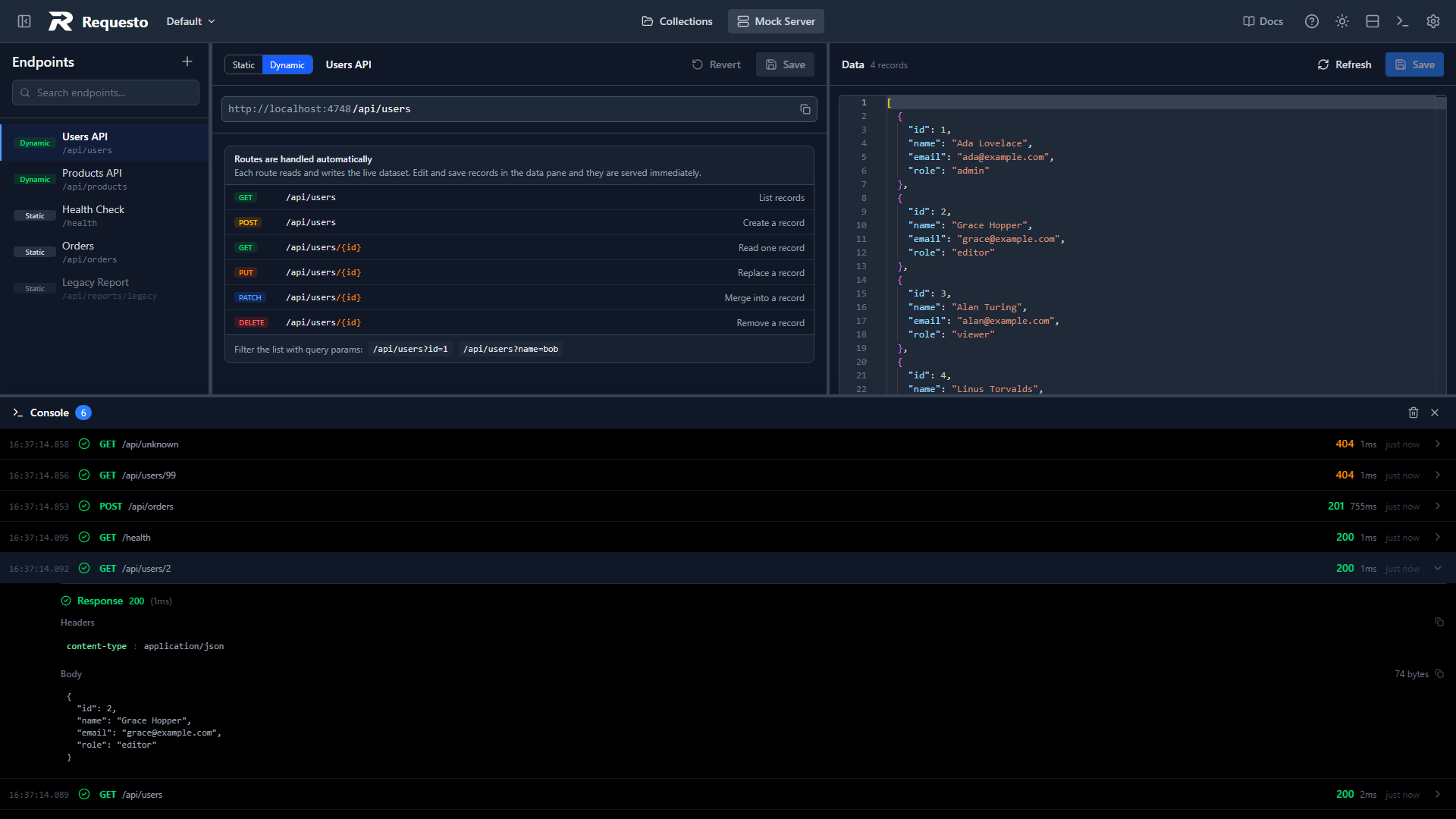 Request log with an expanded entry showing response headers and body