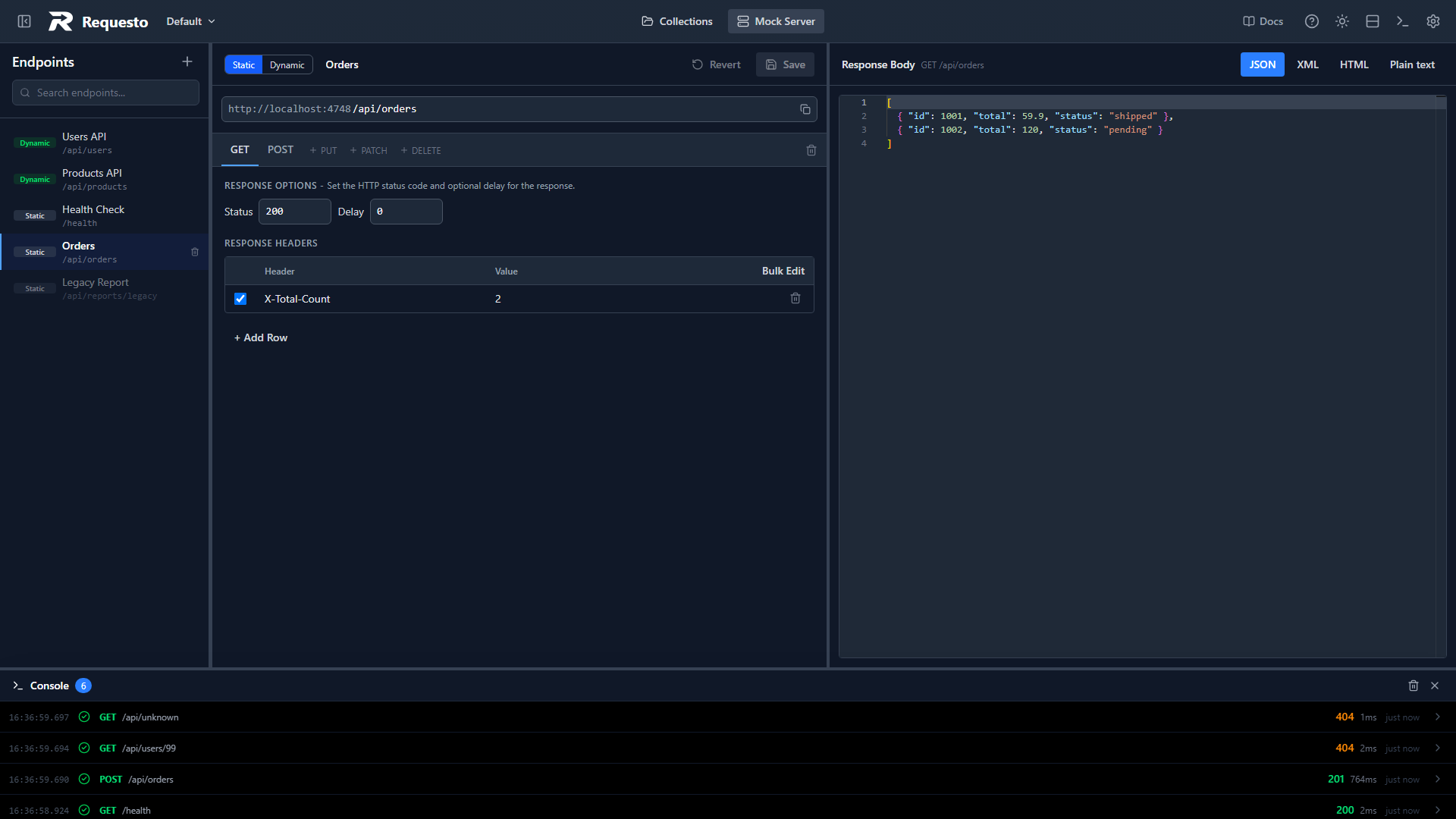 Static endpoint editor showing a GET response