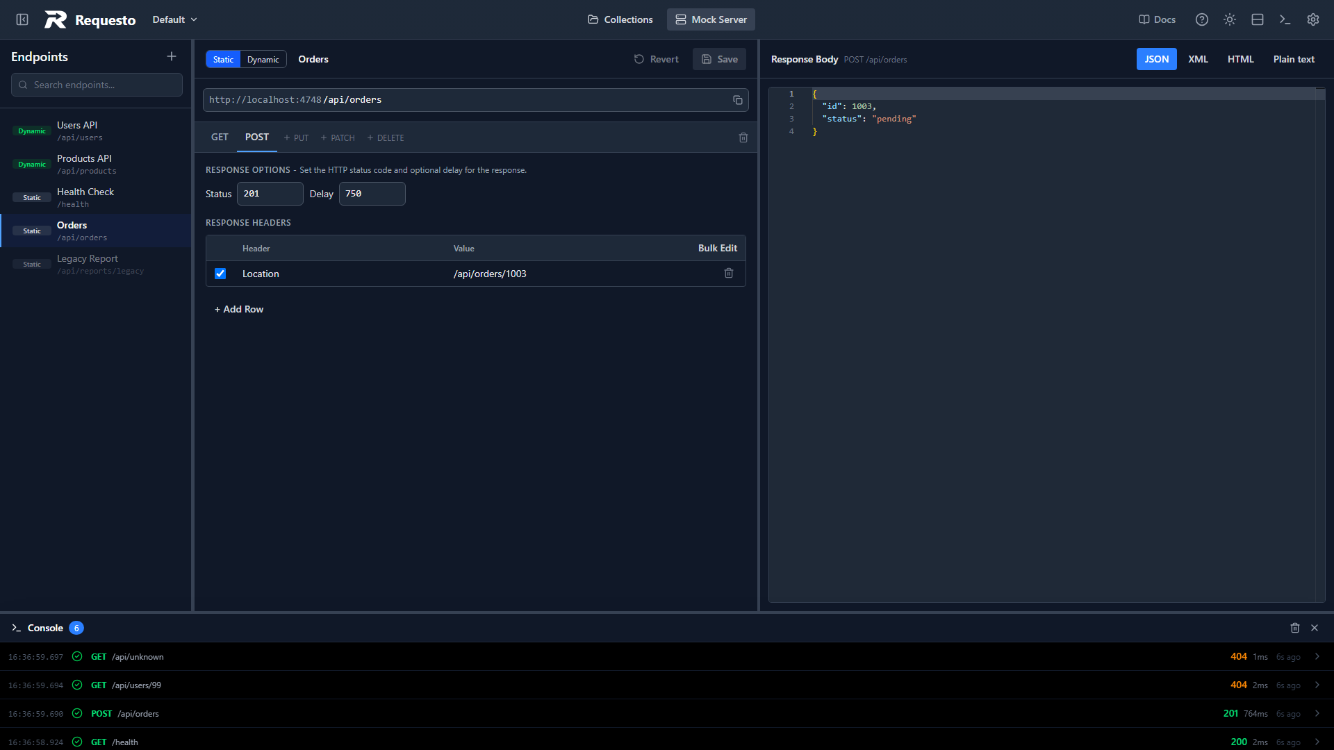 Static POST response with a 201 status, a delay, and a Location header