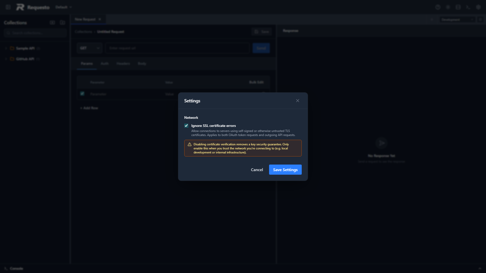Settings dialog with the SSL warning visible