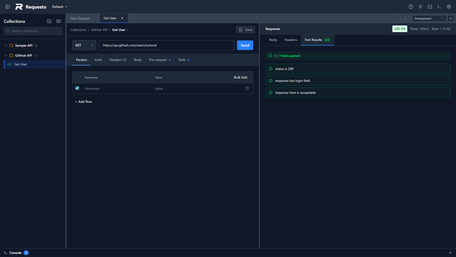 Test results in the response panel