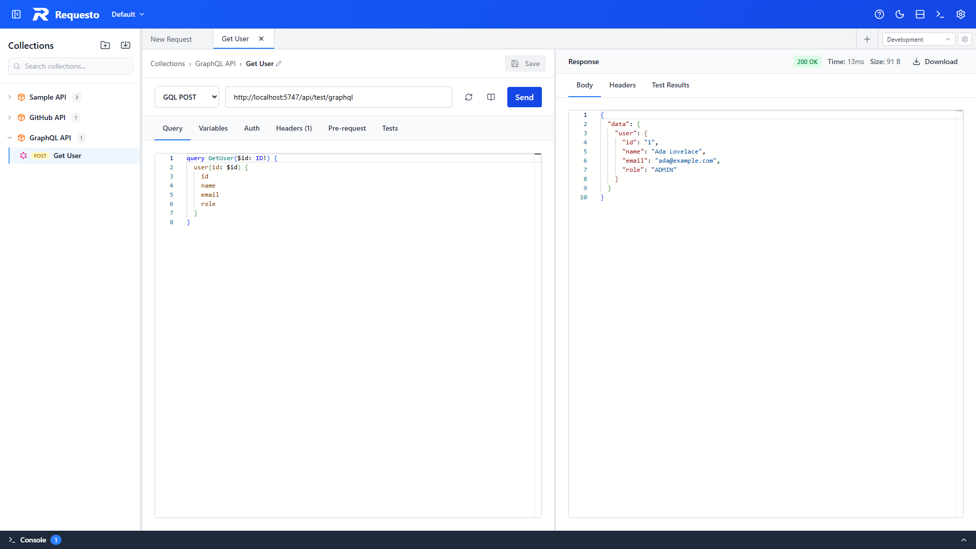 GraphQL response displayed in Requesto