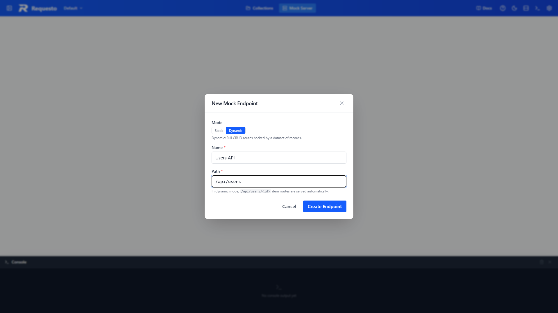 New Mock Endpoint dialog in dynamic mode