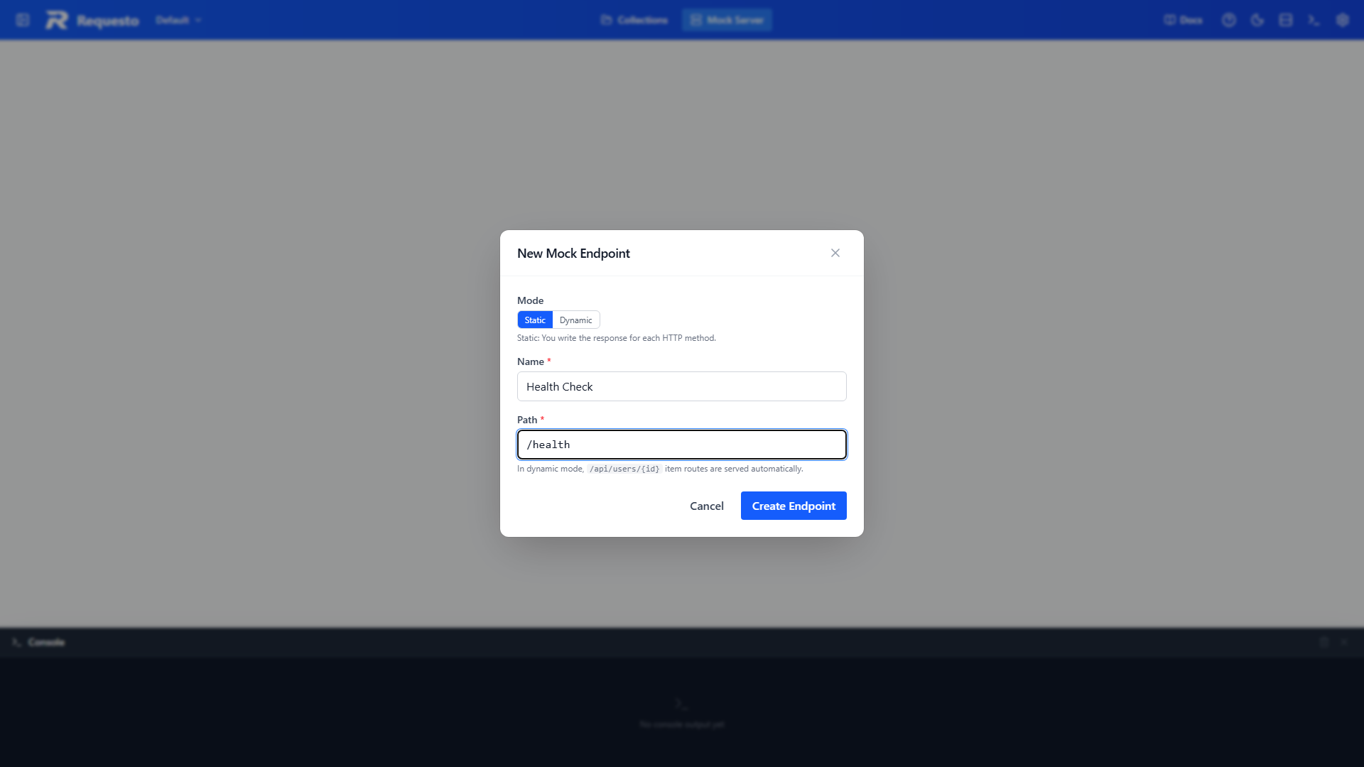 New Mock Endpoint dialog in static mode