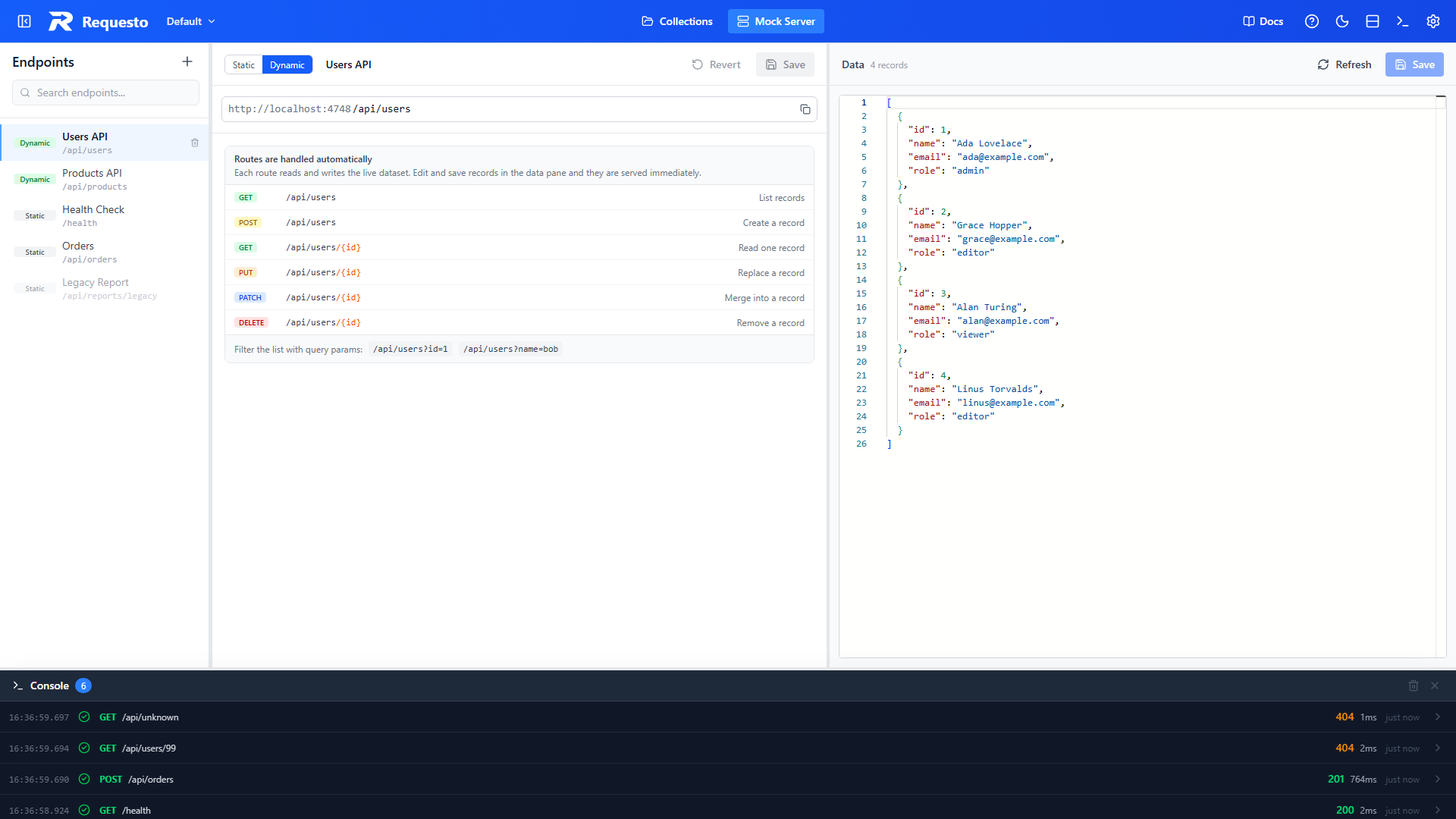 Mock Server view with an endpoint open and the request log at the bottom
