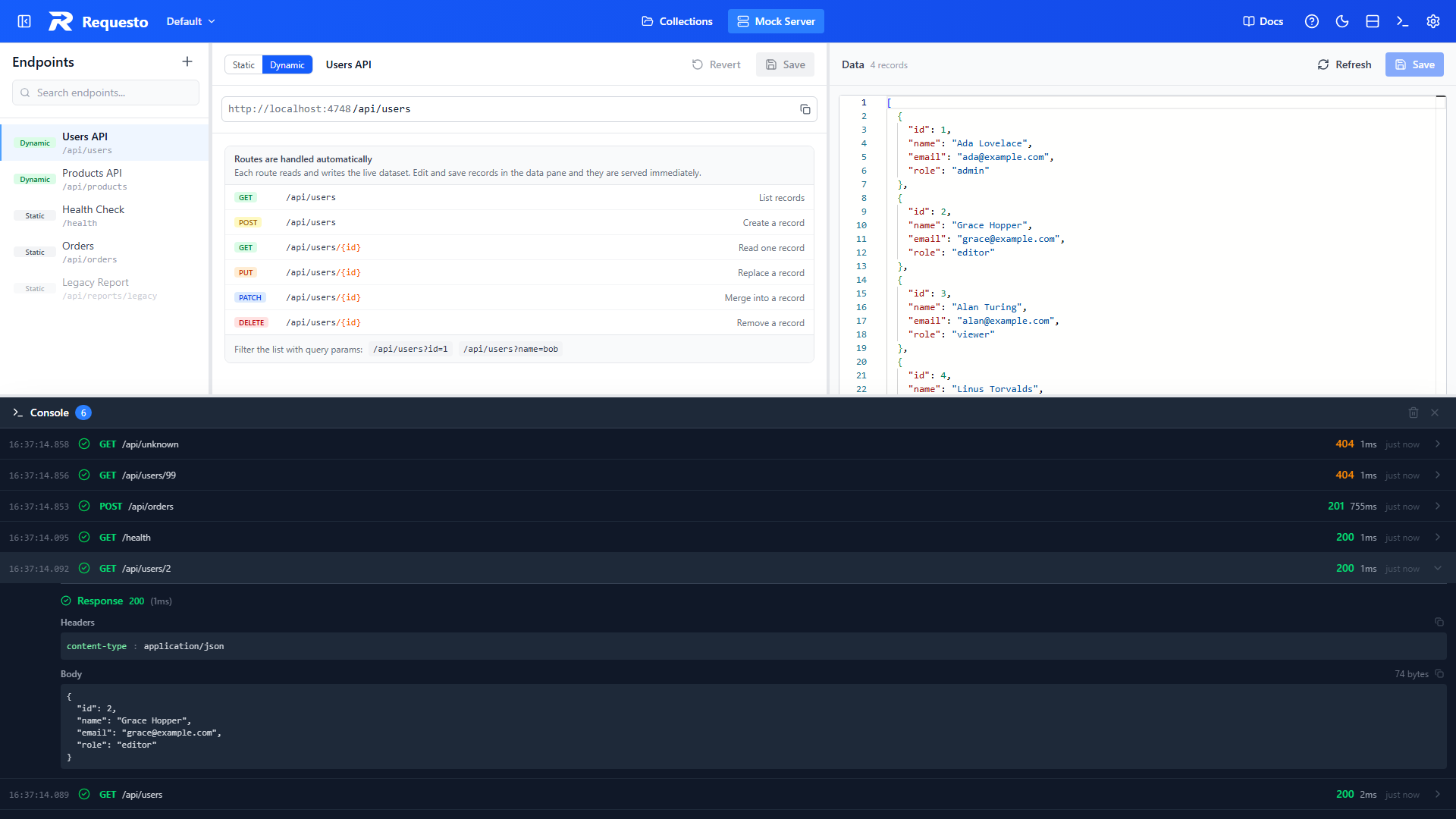 Request log with an expanded entry showing response headers and body