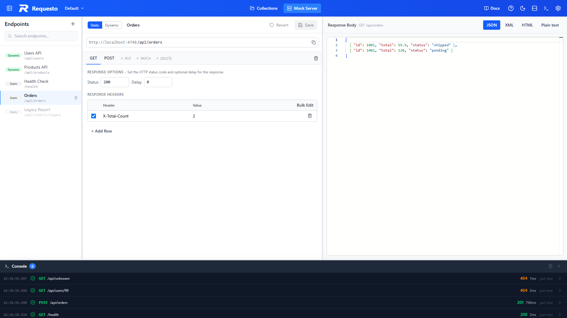 Static endpoint editor showing a GET response
