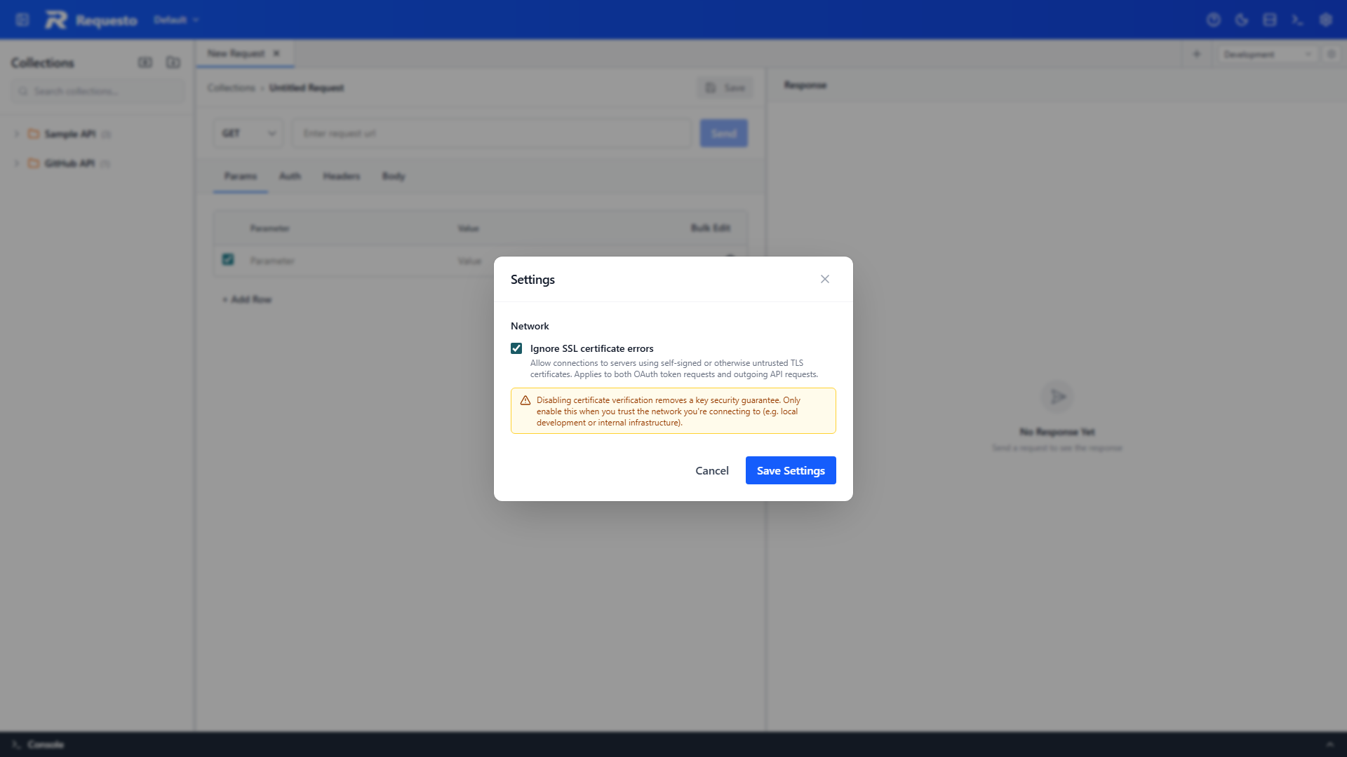 Settings dialog with the SSL warning visible