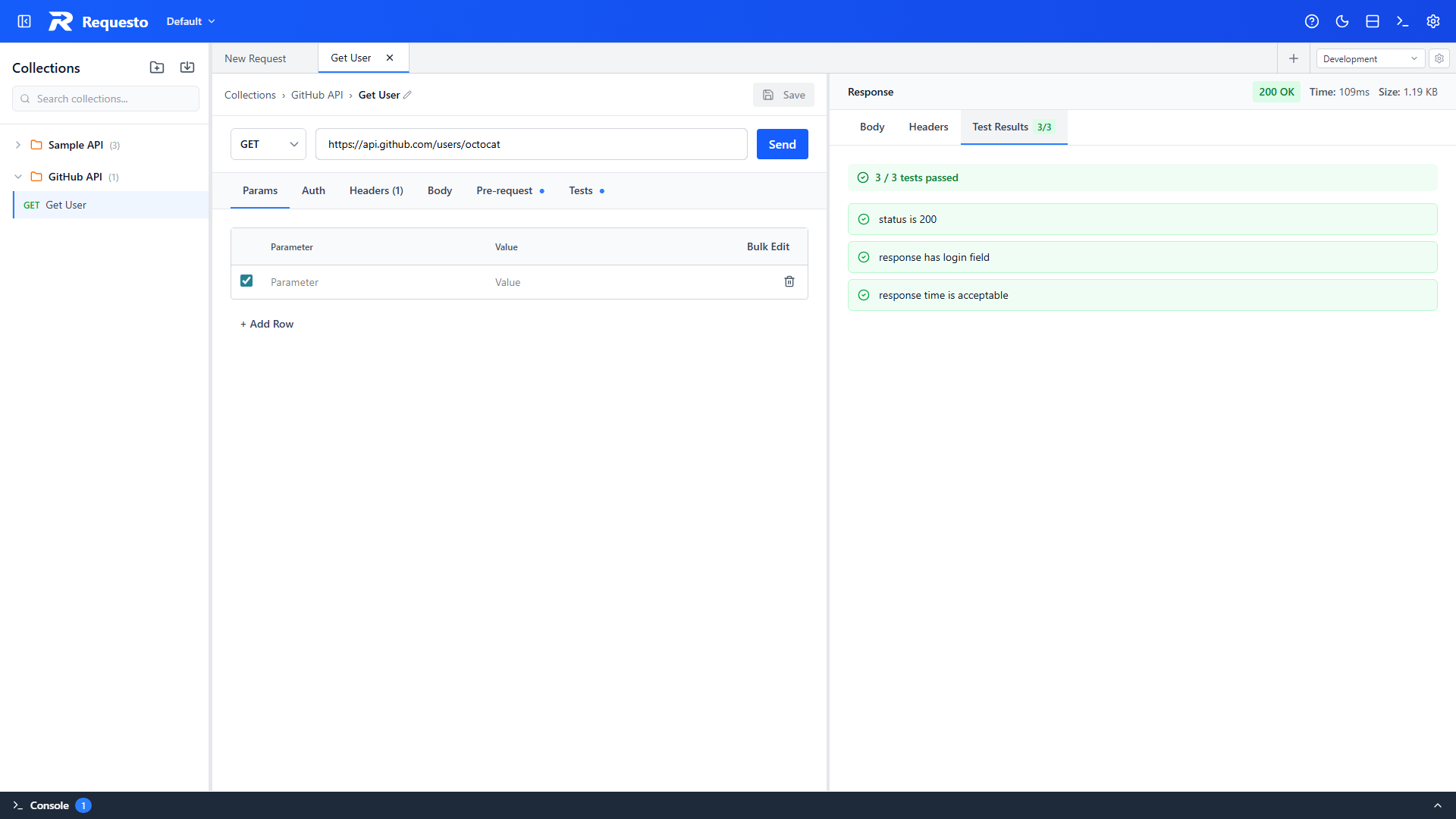 Test results in the response panel